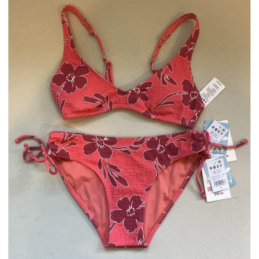 NWT Roxy Garden Bikini 2 Piece Bathing Suit Twirl Scoop Bralette Top & Bottom XS